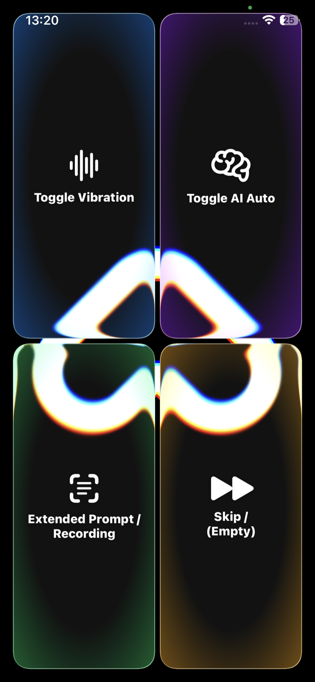 The Ariadne Sense app screen with four buttons: top left — vibration, top right — automatic AI assistant, bottom left — extended description and recording, bottom right — skip.